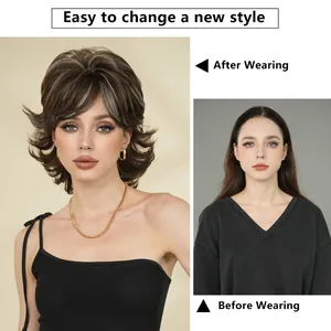 Short wavy pixie cut wig with grey highlights and bangs shown in a before and after comparison