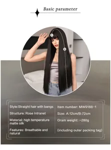 Detailed specs of 72cm long straight black wig with 12cm bangs and breathable rose net