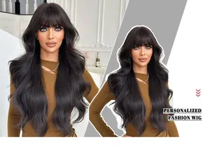 Detailed view of dark wavy long wig with airy bangs showing natural hair texture