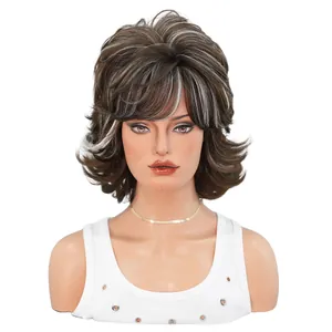 Short layered wavy pixie wig in brown with silver grey highlights for women on a mannequin