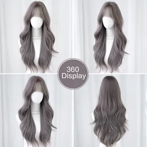 360-degree view of long wavy ash purple wig with bangs showing front, side, and back views