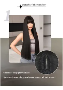 Detail of 28 inch long straight black wig showing simulation scalp for realistic parting