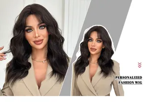 Detail of long wavy black wig with side-swept bangs and natural voluminous wool curls
