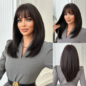 Shoulder-length straight synthetic wig with flat bangs and V-shaped layered hair ends