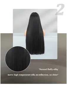 Macro shot of matte high-temperature silk texture on a long black straight wig