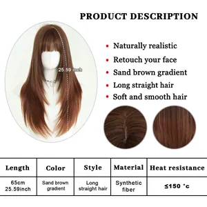 Macro detail of 65cm long straight sand brown gradient synthetic heat-resistant wig