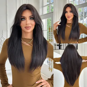 Natural dark brown layered medium length straight wig with bangs and V-shaped hair ends