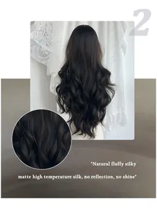 Detail of matte dark brown wavy wig made with heat resistant silk for a natural look