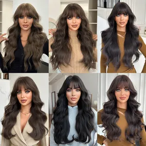 Perruques Longues Bouclées Pour Femmes Avec Frange Cheveux Synthétiques Résistants À La Chaleur Perruque Vague Naturelle Pour Quotidien Fête