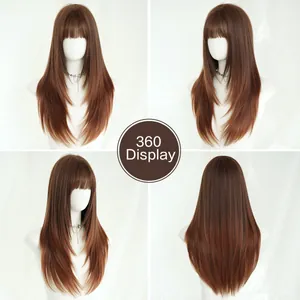 360-degree view of long straight sandy brown wig with bangs and layered cut details