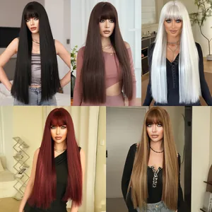 Extra Long Straight Synthetic Wig With Flat Bangs High Temperature Fiber Blunt Cut Natural Look Hairpiece For Women Cosplay