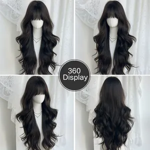 360-degree view of long wavy dark brown wig with neat bangs and natural texture