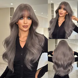 Long Wavy Curly Wig With Bangs Ash Purple Grey Synthetic Heat Resistant Fiber Full Hair Wig For Women Daily Party Cosplay