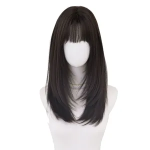 Natural straight dark brown wig with layered fringe for women in a professional studio view