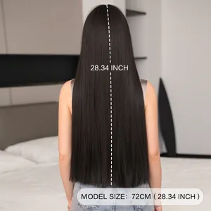 Long straight black wig with bangs 28 inch 72cm length shown from a back view