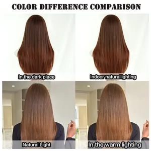 Sandy brown long wig color comparison under dark, natural, and warm lighting