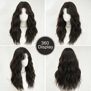 360-degree display of long wavy wig with bangs in dark brown, showing all angles