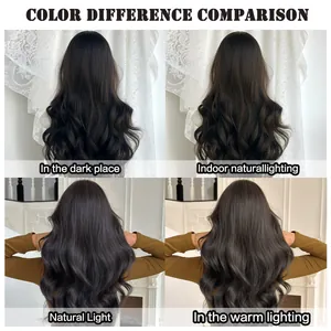 Dark tea brown wavy wig color comparison under four different lighting conditions