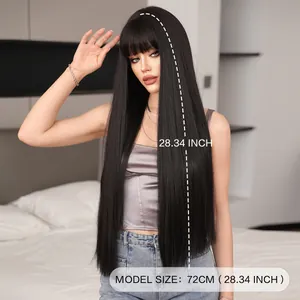 28 inch long straight black wig with flat bangs and natural shine for daily wear