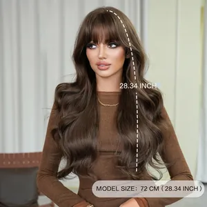 Peluca larga ondulada marrón miel con flequillo 72cm de largo cabello sintético natural