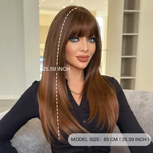 Long straight sandy brown wig with bangs 25.59 inch length shown on model