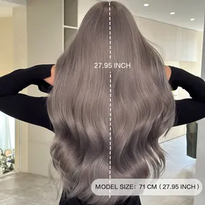 Long wavy grey purple wig with bangs for women, natural high quality 27.95 inch hair length