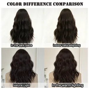 Long wavy wig color comparison in dark, indoor natural, outdoor, and warm lighting