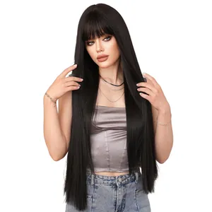 28-inch long straight black wig with blunt bangs, realistic synthetic hair for daily wear