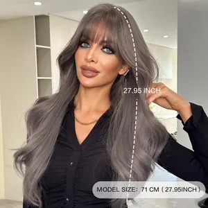Long wavy grey purple wig with bangs, 27.95 inches length, high-quality synthetic hair