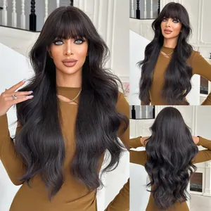 Women Long Body Wave Synthetic Wig With Flat Bangs Natural Looking Matte Heat Resistant Fiber Full Head Hair Accessory For Daily Use