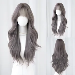 Long wavy grey purple wig with bangs for women, multi-angle view including back and side