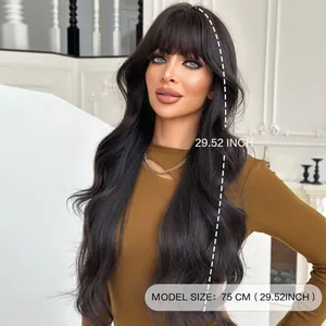 Long wavy dark brown wig with bangs and natural curly layers measuring 29.52 inches