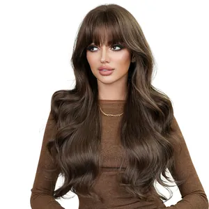 Peluca larga ondulada marrón miel con flequillo de cabello sintético natural