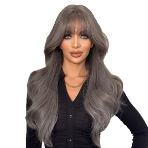 Long wavy grey wig with neat bangs, high-quality synthetic hair for natural daily look