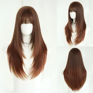 Long straight sandy brown wig with layered cut and bangs shown in three perspectives