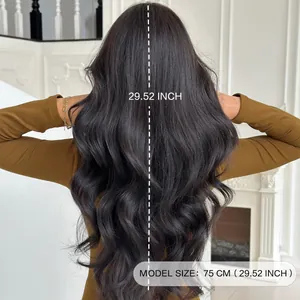 Long wavy dark brown wig for women with bangs, 75cm length synthetic hair back view