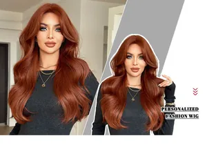 Detail of voluminous orange-red wavy wig with center part bangs and natural glossy finish