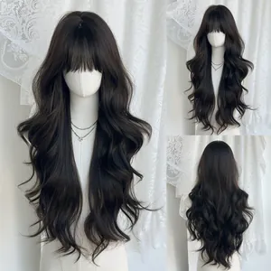 Long wavy dark brown wig with bangs shown in front and back views on a mannequin