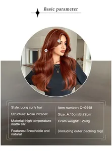 Detail view of ginger orange long wavy wig featuring high-temperature silk and rose net