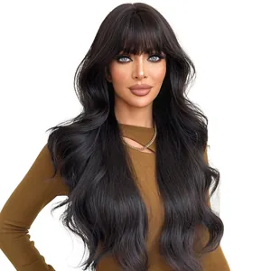 Long wavy dark brown wig with French bangs and natural synthetic hair for women