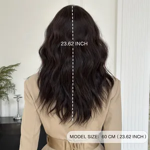 Long wavy dark brown wig with bangs 23.62 inch length back view on model hair piece