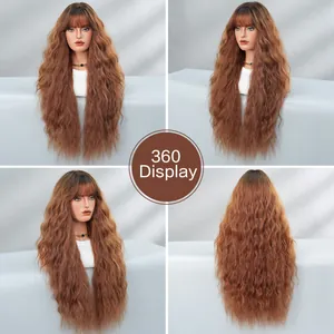 Roodbruine lange golvende pruik met pony, 360-graden multi-angle weergave op blauwe basis