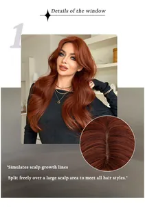 Detailed view of the realistic scalp seam and copper auburn long wavy wig fiber texture