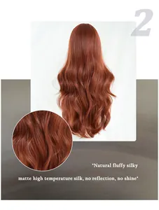 Close-up of matte high temperature silk texture and wavy hair strands on reddish brown wig