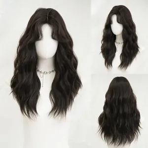 Deep brown long wavy wig with middle part bangs, multi-angle view on mannequin stand
