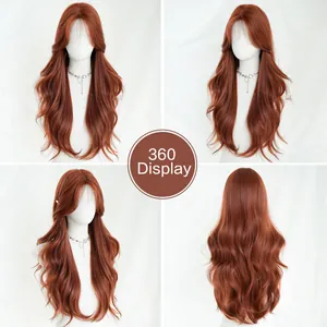 Long wavy ginger copper wig with French bangs 360 degree display view for women
