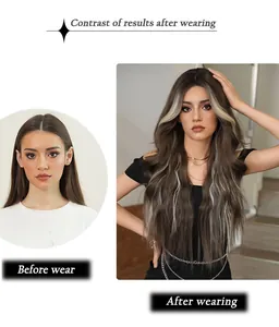 Détail d'une perruque longue ondulée brun foncé avec mèches blondes et effet de contraste