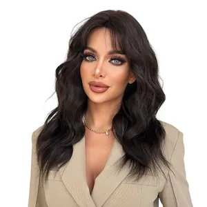 Long wavy dark brown wig with air bangs on a model, natural voluminous loose curls style