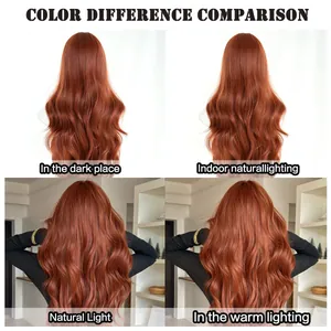 Comparison of auburn long wavy wig colors under dark, natural, and warm lighting