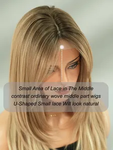 Detail of U-part lace design on blonde ombre wig showing natural hairline and part